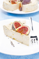 piece of cheesecake with honey and lavender
