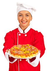 Chef woman giving pizza