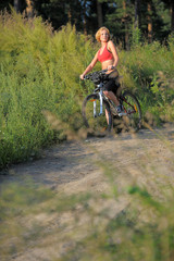Fototapeta premium Young beautiful woman on the top of the hill in park