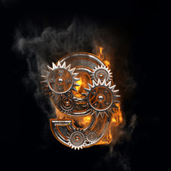 burning figure with gears