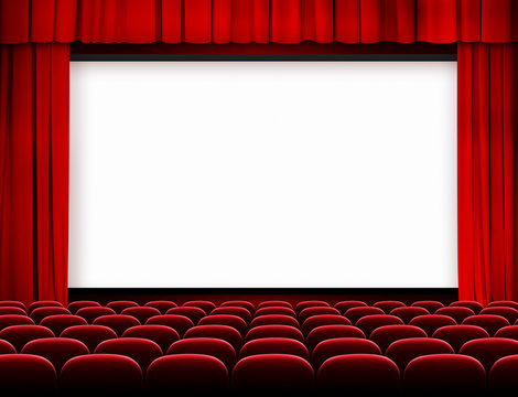 cinema screen with red curtains and seats