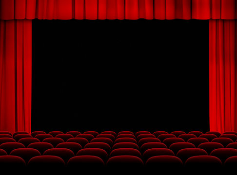 theater red auditorium with stage, curtains and seats
