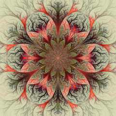 Beautiful fractal flower in red, green and gray. Computer genera