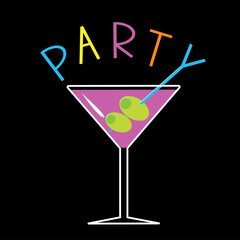 Violet cocktail in martini glass. Word Party. Card.