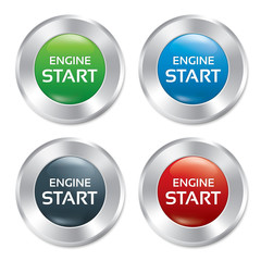 Start Engine buttons set. Vector round stickers.