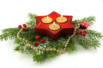 christmas still life with  candles and fir tree branches