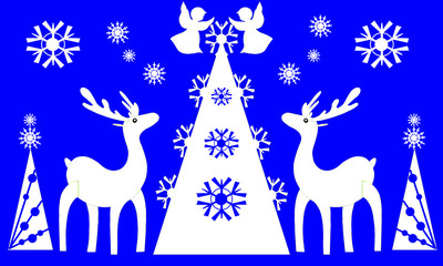 Christmas tree, angels, reindeer.