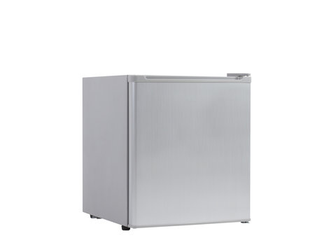 Small gray refrigerator isolated on white background