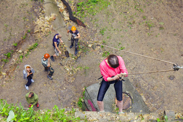 People practice at a climbing training