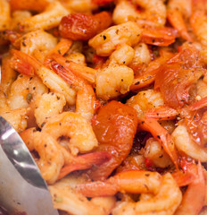 close up on spicy shrimps at the caterer