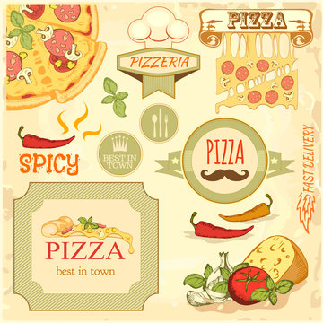 pizza slice, ingredients background,  box label packaging design