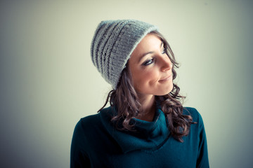 beautiful woman with turtleneck, cap and belt autumn