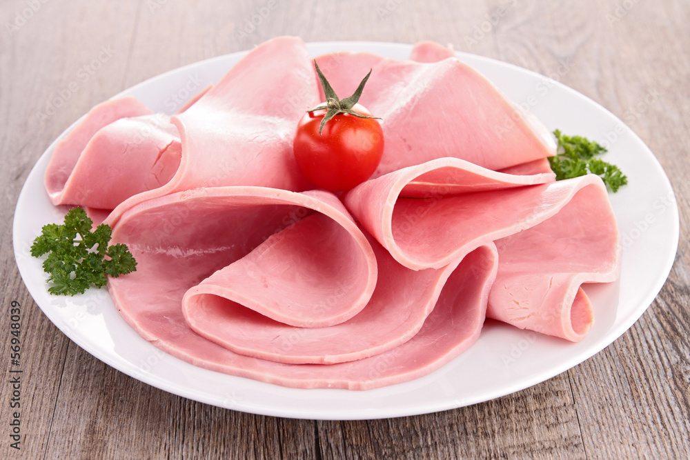 Wall mural sliced pork ham with salad and tomato - Wall murals