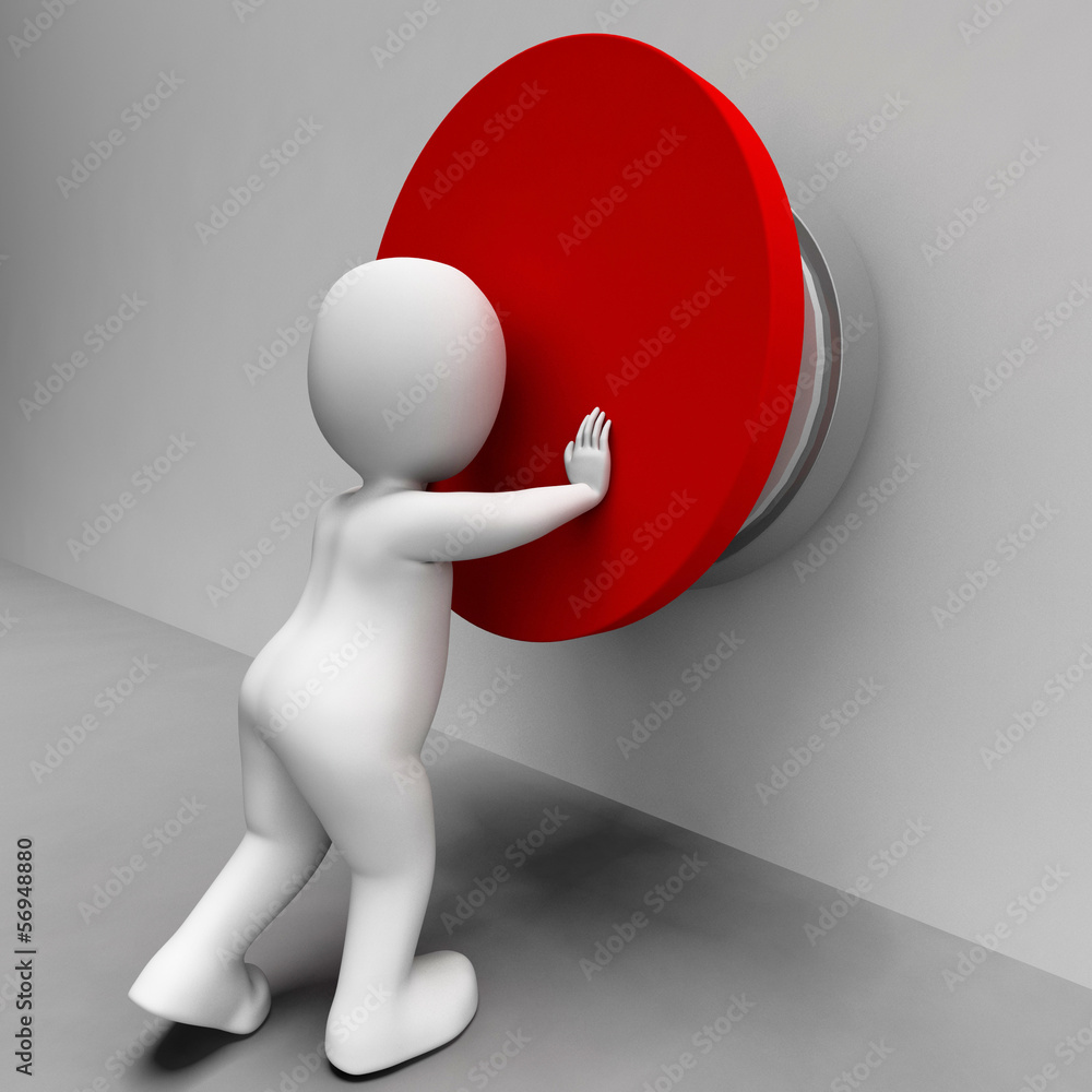 Poster man pushing button shows controlling