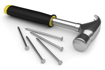 Hammer and nails isolated on white