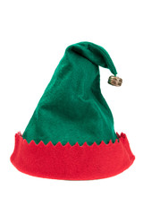 Green and red elf hat isolated on white background