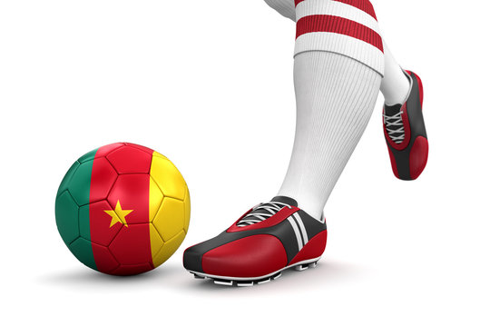 Man and soccer ball  with Cameroon flag (clipping path included)