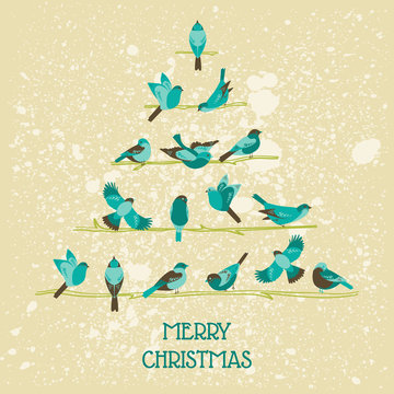 Retro Christmas Card - Birds on Christmas Tree - for invitation