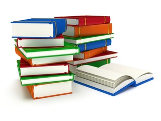 3d Stacks of Books and open book on white back