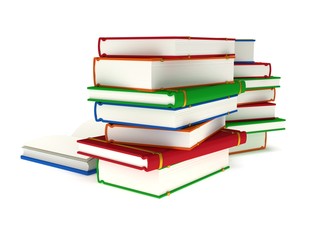 3d Stacks of Books and open book on white back