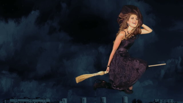 Witch woman flying on broomstick.