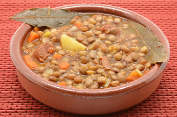 Brown lentil stew in bowl with vegetable