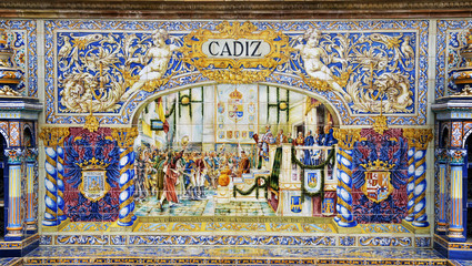 Fototapeta na wymiar ceramic decoration in Plaza de Sevilla, Spain. Cadiz theme.
