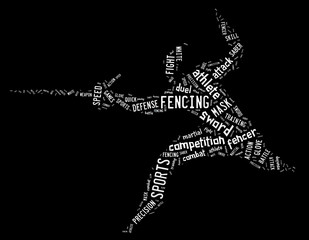 fencing pictogram with related wordings on black background