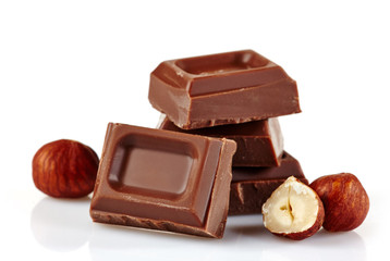 Chocolate pieces on a white background