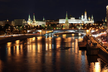 Famous and Beautiful Night View of Moskva river, Big Stone Bridg