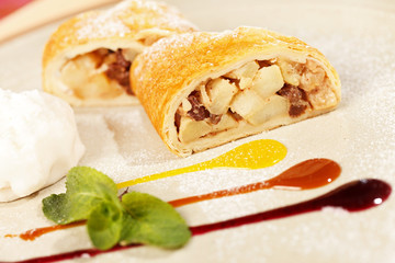 apple strudel with vanilla ice cream