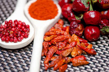 chili ingredients mix. pepper corns, chili flavor, hot pepper