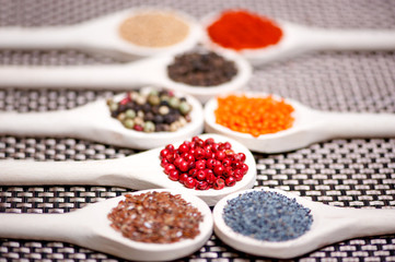collection set of spices with pepper corns legumes, peas