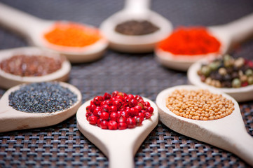 Various kind of spices on wooden spoon -  detail of red pepper