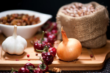 fresh agriculture vegetables as onions, garlic and bean seeds