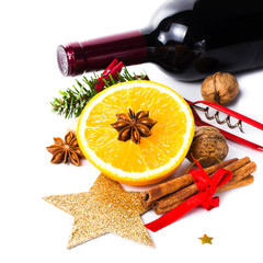 Red wine bottle and spices for Christmas Hot Mulled Wine on whit