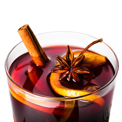 Hot red mulled wine for winter and Christmas with orange slice,