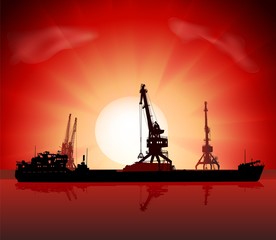 Vector illustration of the ship and four cranes at sunset