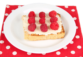 Delicious toast with raspberries on plate close-up