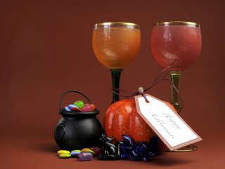 Halloween party table setting decorations with goblets