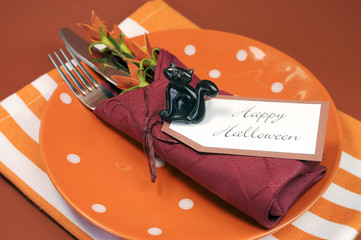 Orange polka dot Halloween table place setting