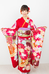 Naklejka premium Beautiful asian kimono woman on white background