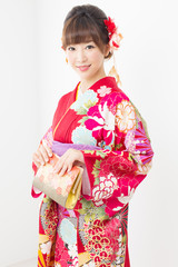 Beautiful asian kimono woman on white background