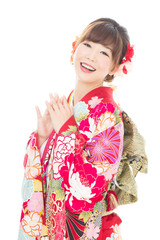 Beautiful asian kimono woman on white background