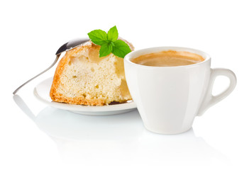 morning coffee with apple biscuit and a leaf of mint isolated