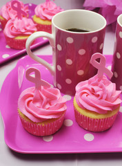 Pink cupcakes with Pink Ribbon symbols and coffee cup. Vertical.