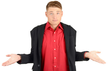 Young man raising his hands wondering.