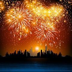 Fototapeta na wymiar Happy New Year fireworks, night town easy all editable