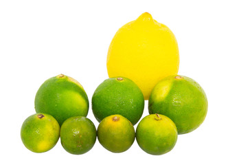 Calamansi, lime and lemon over white background