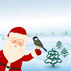Santa Claus with bird  in winter forest, vector